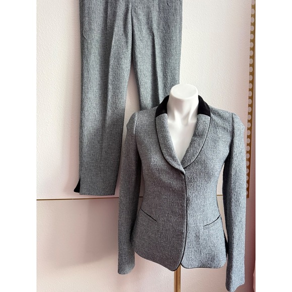 Emporio Armani Pants - Emporio Armani Metallic Silver Tweed Pant Suit Velvet Collar Blazer Set EU 38